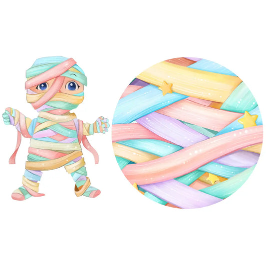 Colorful mummy toy with a close-up of yarn in pastel colors on a white background