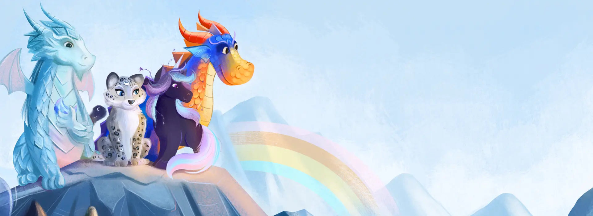 Cartoon dragons and a cat sitting on a rock with a rainbow in the background