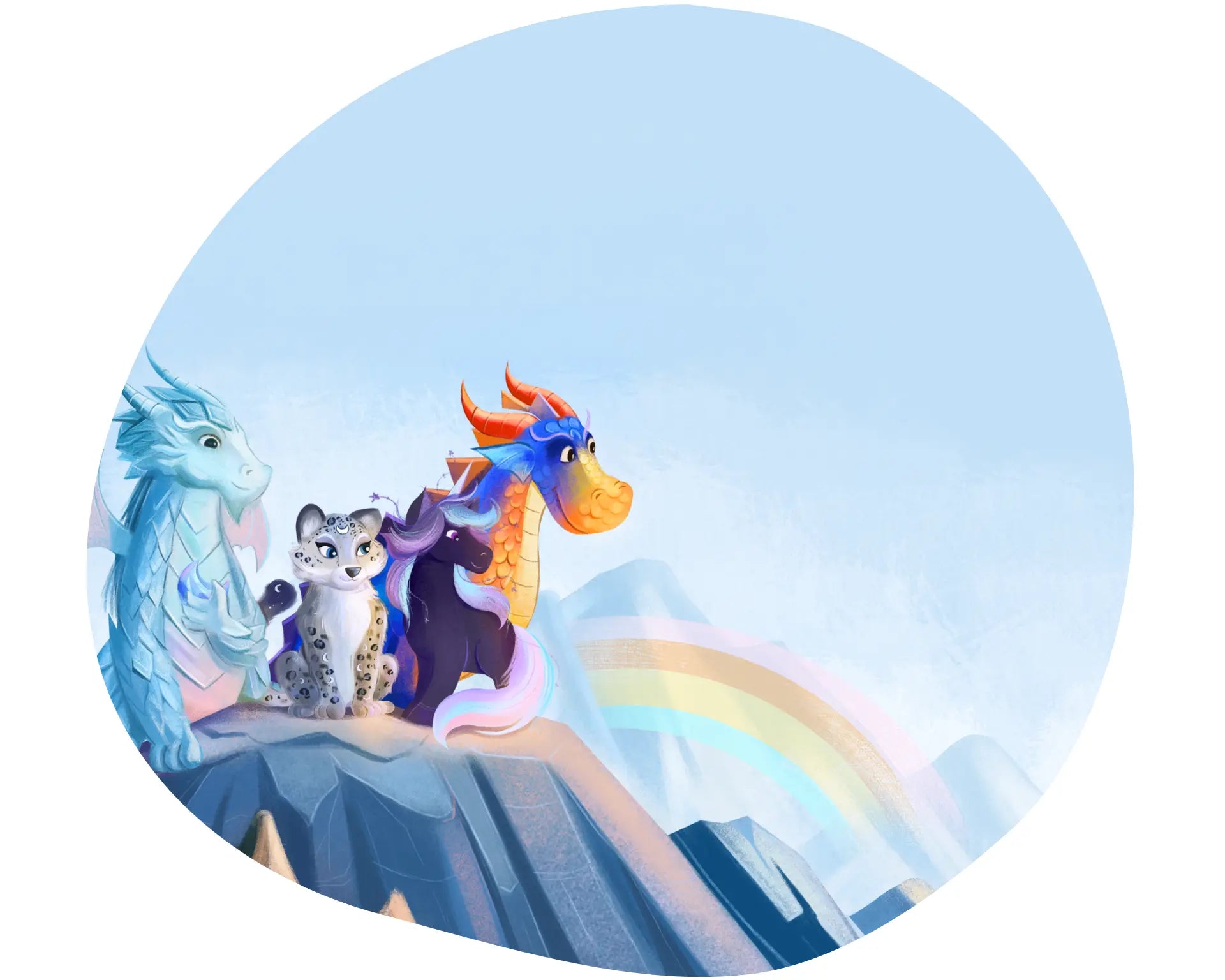 Three cartoon dragons with a rainbow in a circular frame