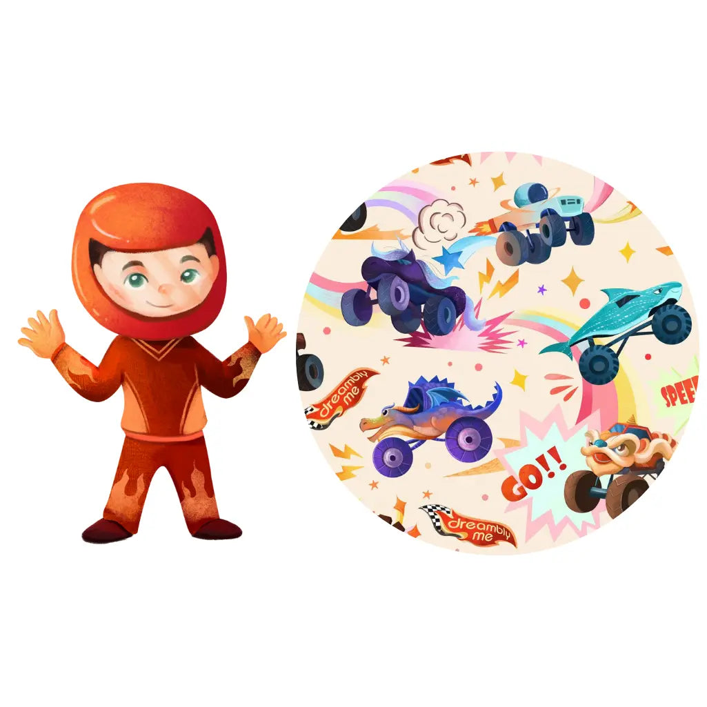 Illustration of a child in a racing helmet beside a circular swatch of a cream monster truck print with rainbows and Go and Speed lettering.