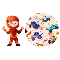 Illustration of a child in a racing helmet beside a circular swatch of a cream monster truck print with rainbows and Go and Speed lettering.