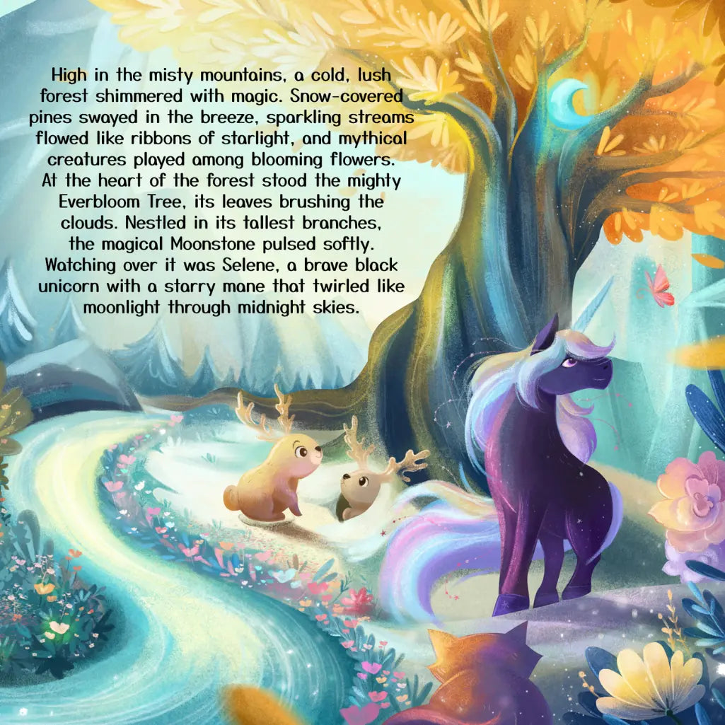 Fantasy scene with a unicorn, deer, and bear in a mystical forest with glowing trees and flowers.