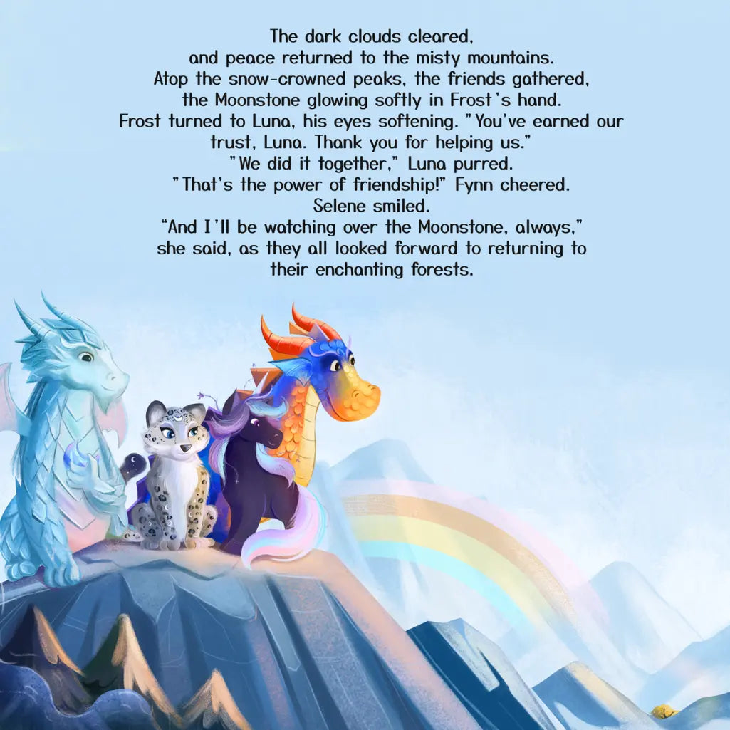 Cartoon dragons and a cat on a mountain with a rainbow, text overlay.