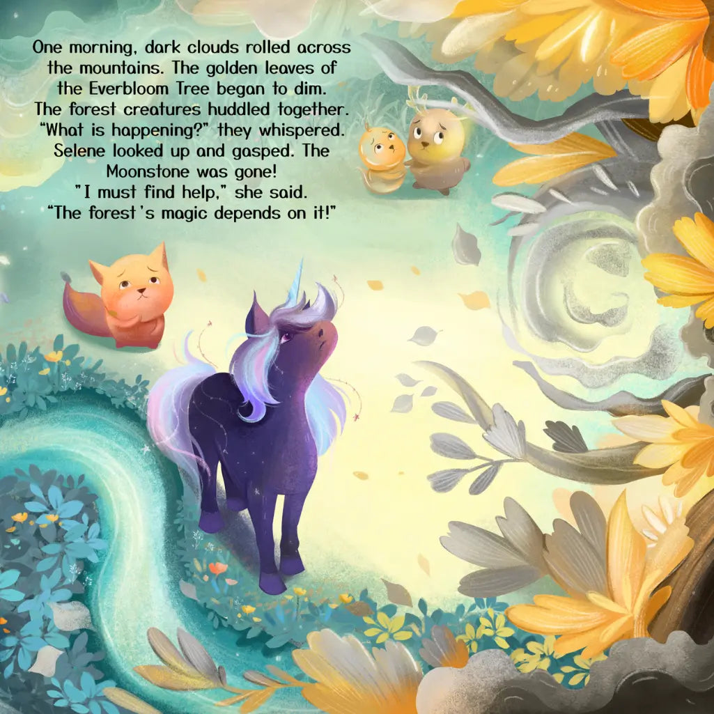 Illustrated scene with a unicorn, flowers, and text in a fantasy setting