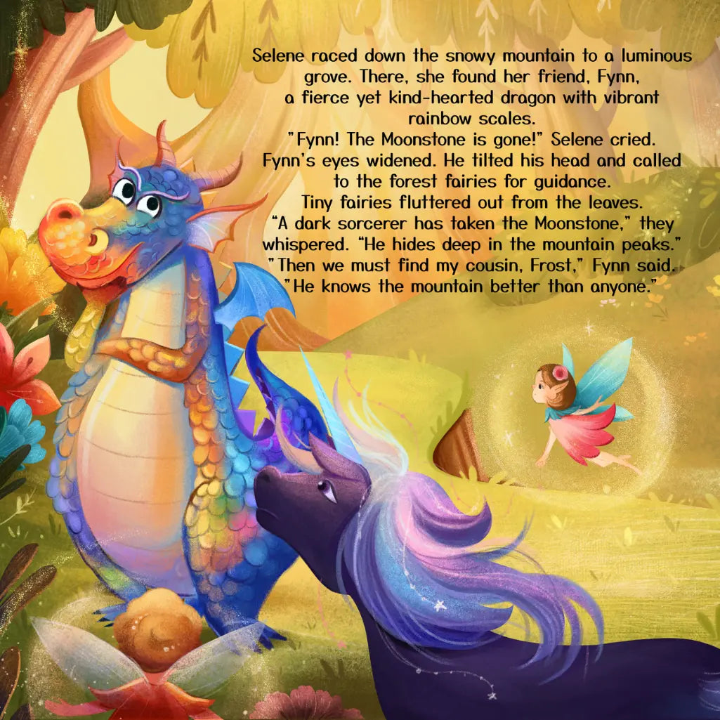 Colorful dragon and fairy in a fantasy landscape with text overlay
