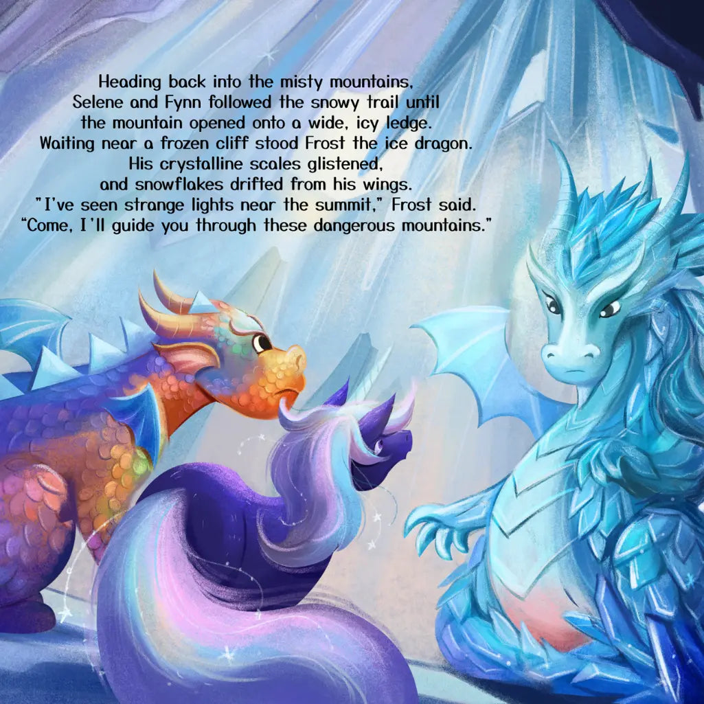 Two dragons, one blue and one multicolored, with a snowy mountain landscape and text overlay.
