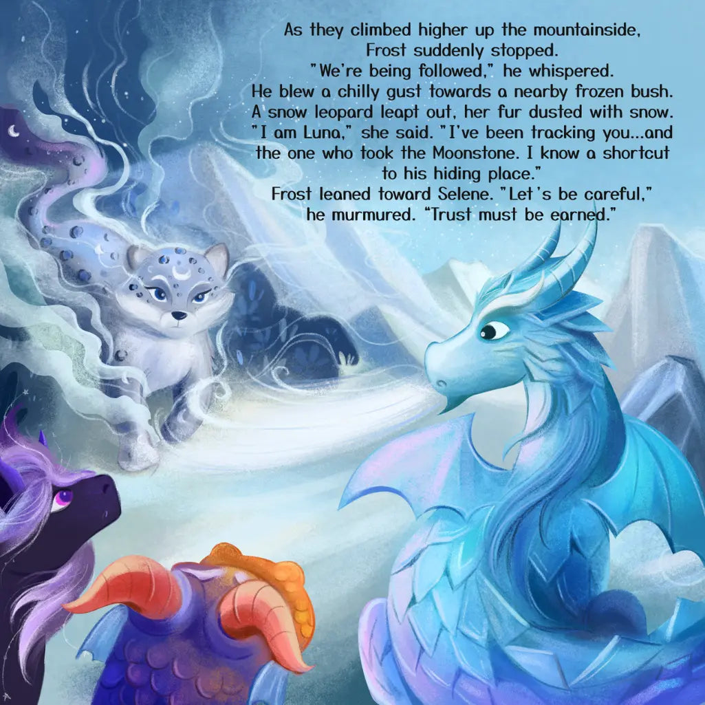 Fantasy scene with dragons and ponies in a mountainous landscape, featuring text.
