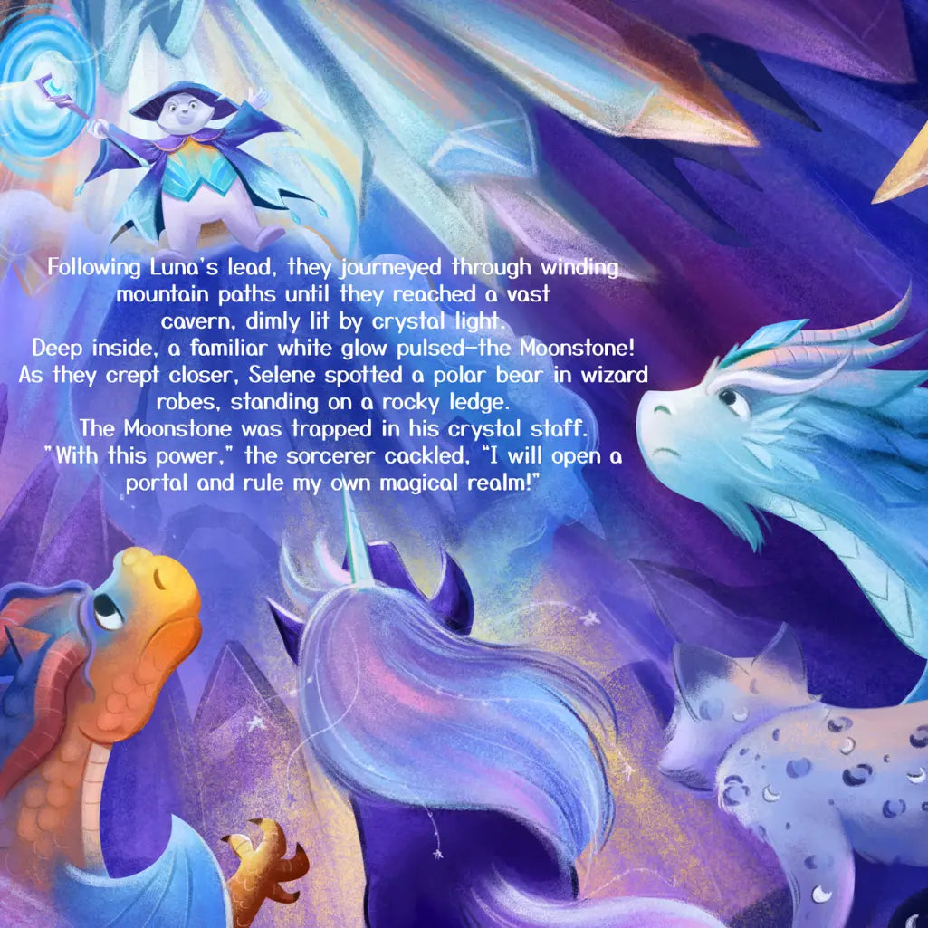 Fantasy scene with dragons and a polar bear in wizard robes, featuring text about a journey and discovery.