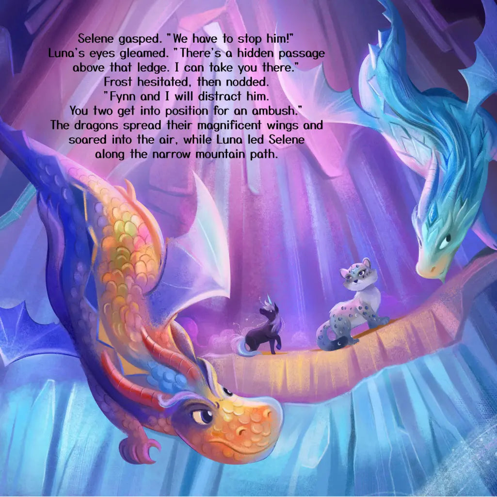 Colorful dragons and cats in a fantasy scene with text overlay