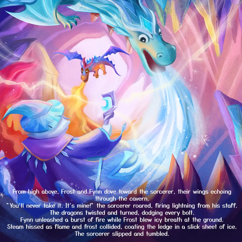 Colorful dragon illustration with dynamic action scene and text overlay
