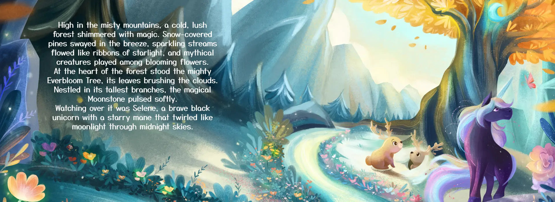 Fantasy landscape with a unicorn, trees, and mystical creatures in a mountainous forest.