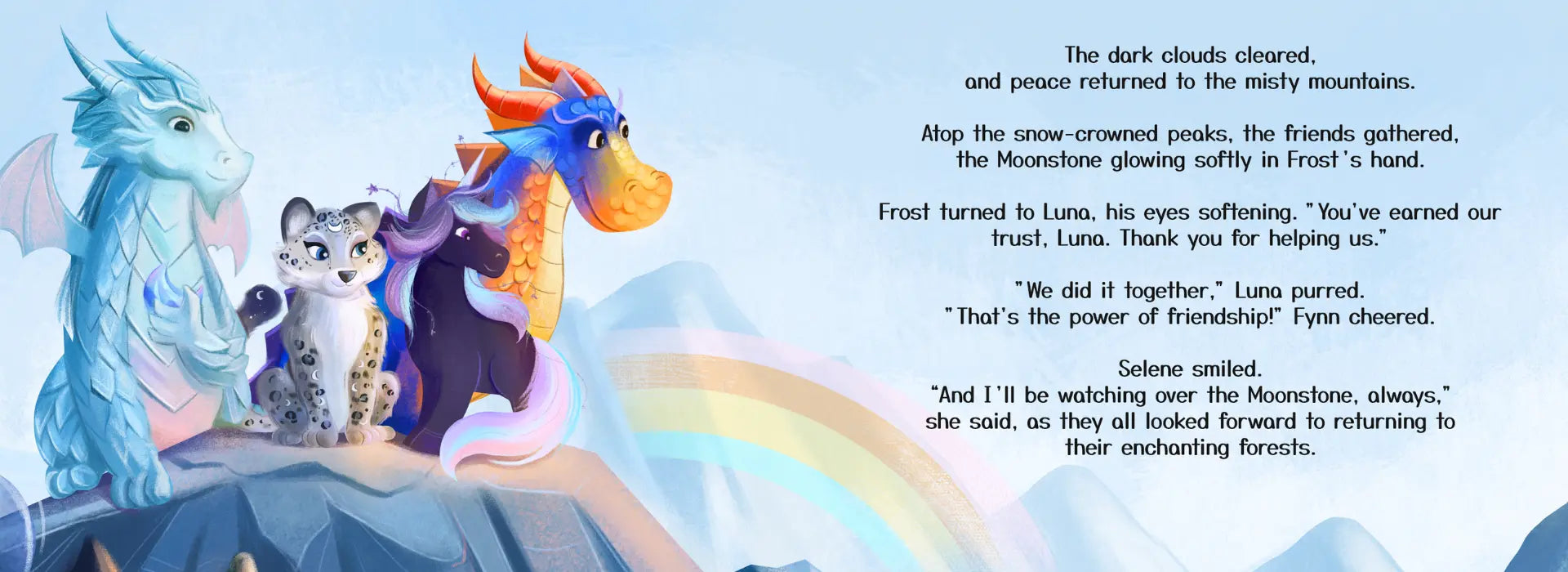 Cartoon dragons and a cat sitting together with a rainbow and mountain background, accompanied by text.