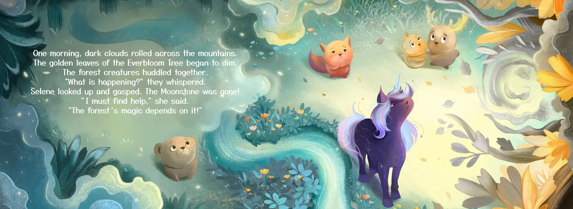 Illustration of a purple unicorn in a mystical forest with glowing elements and text.