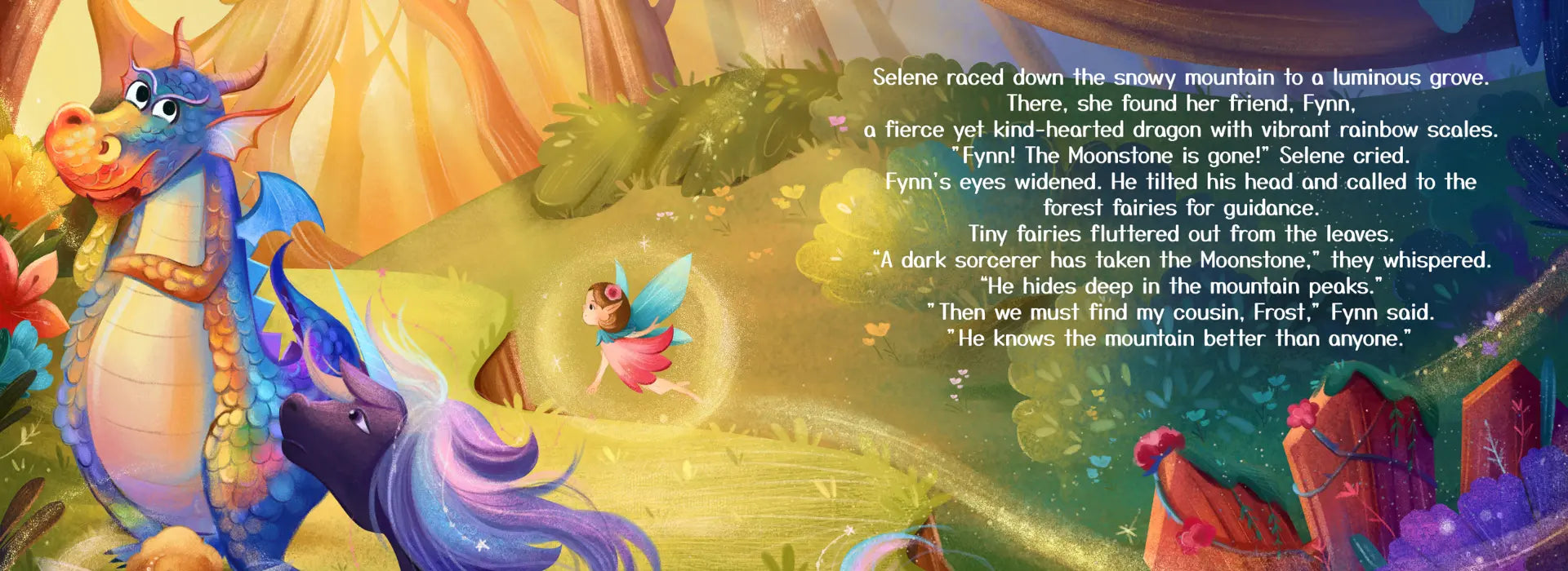 Colorful dragon and fairy illustration with text in a fantasy setting