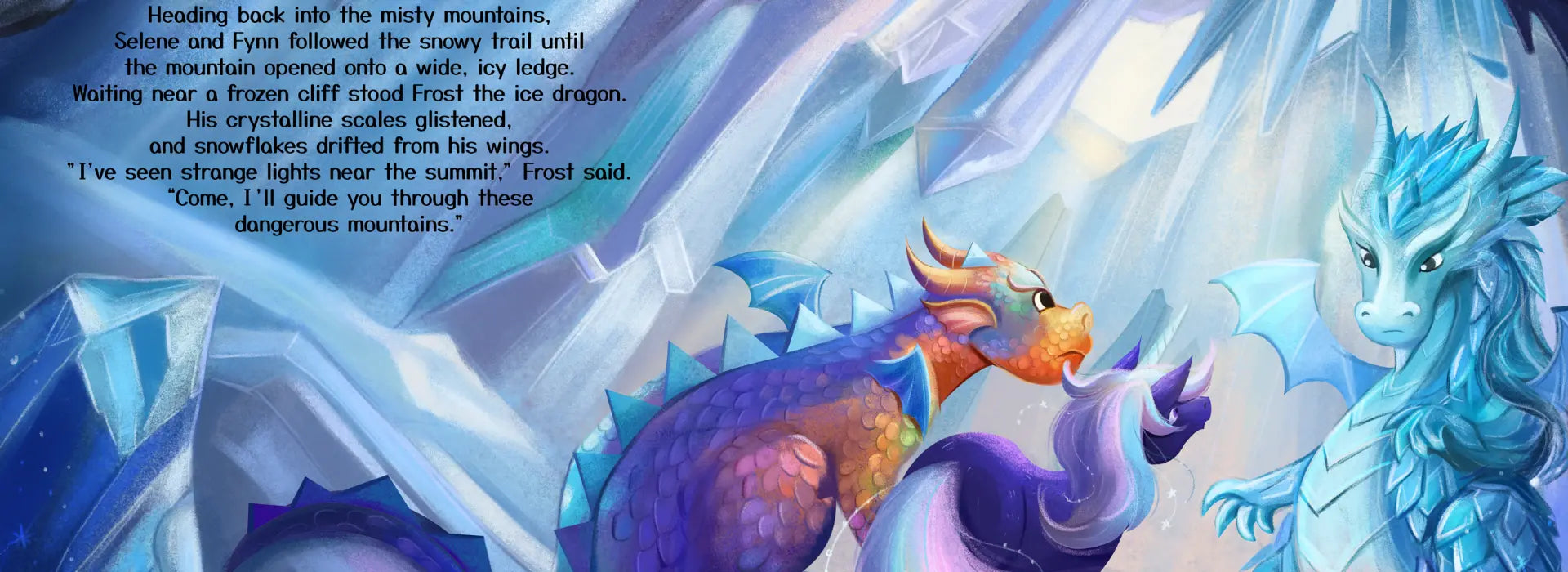 Two dragons, one blue and one multicolored, in a snowy mountain landscape with text overlay.