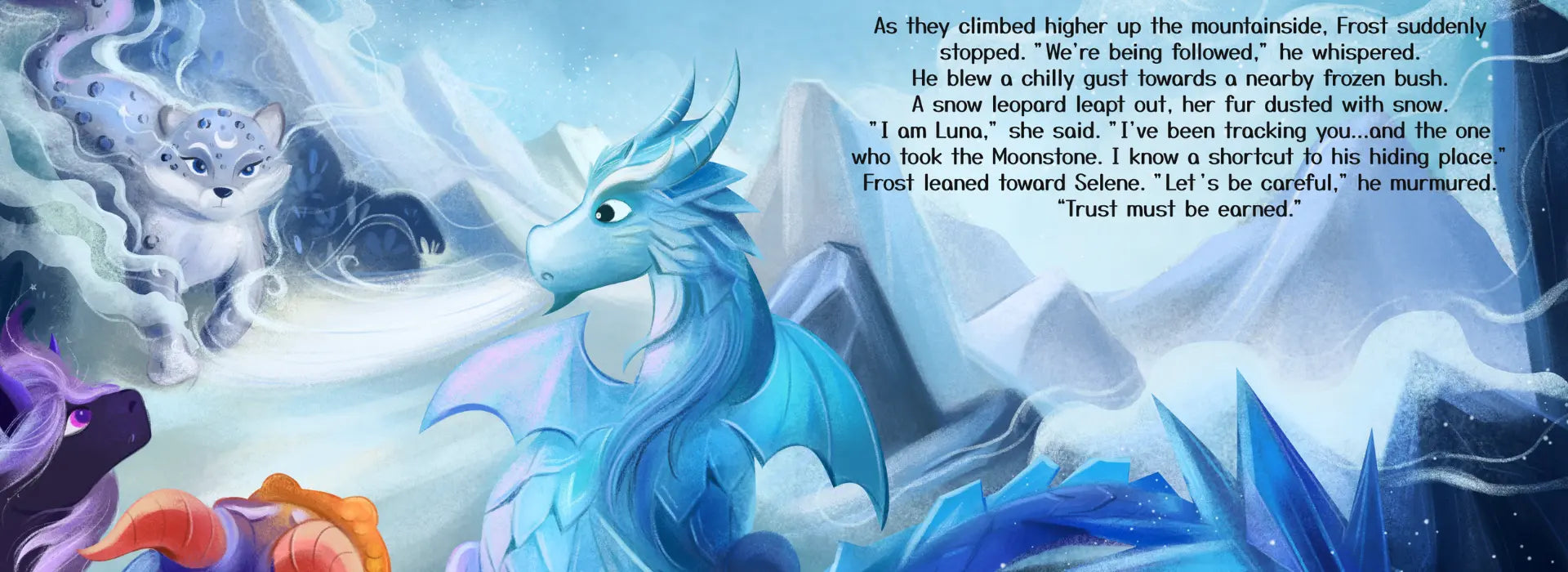 Illustration of a dragon and other creatures on a mountain with text overlay.