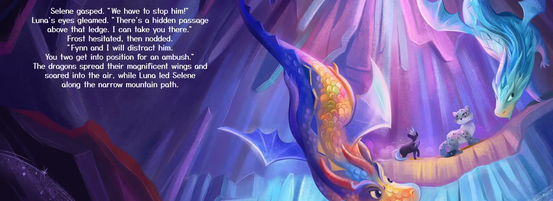 Colorful dragons in a fantasy setting with text overlay
