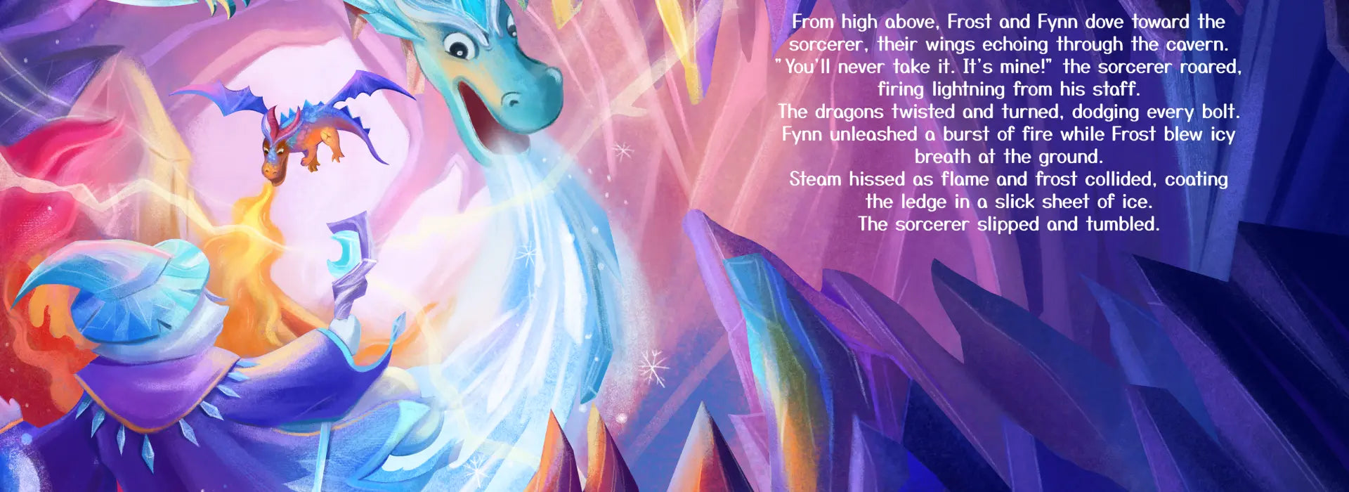 Colorful fantasy scene with characters and text on a dark background