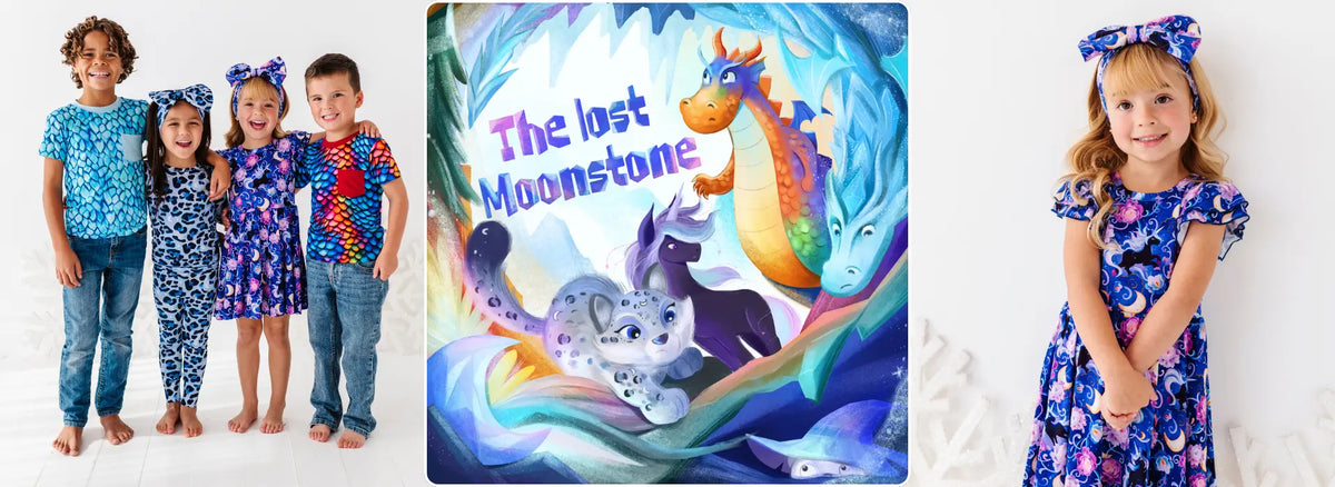 Banner showing children in printed pajamas beside The Lost Moonstone book cover and a girl in a blue dress.
