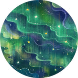 Circular design with wavy green and blue patterns and yellow stars on a white background