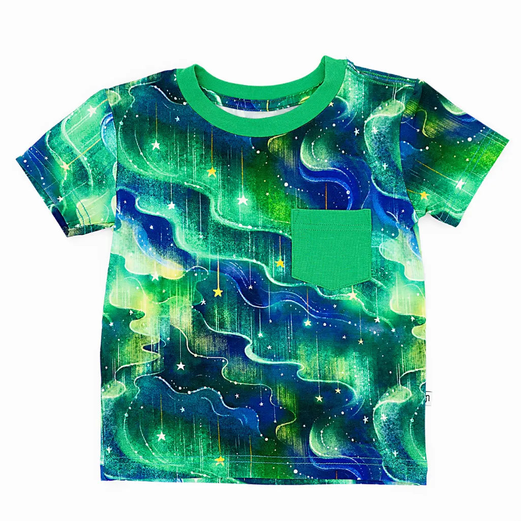Children's t-shirt with a green and blue galaxy design on a white background