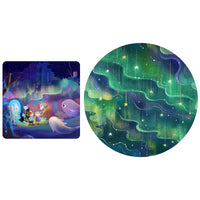 Two illustrations side by side; one depicts a fantasy scene with characters and creatures, the other is a stylized green and blue cosmic design.
