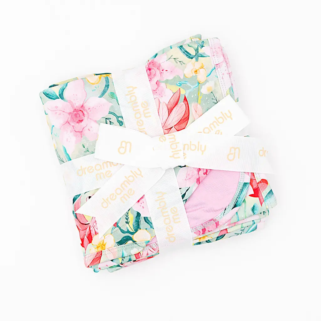Floral-patterned products with text on a white background