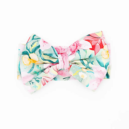 Floral patterned bow on a white background