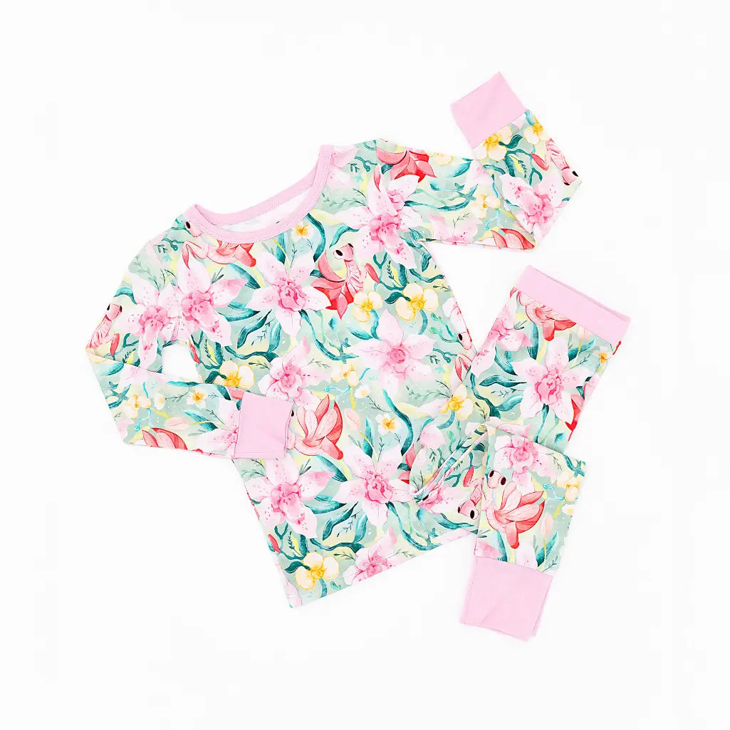 Floral pajama set with matching headband on a white background