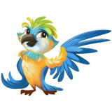 Colorful cartoon parrot with blue, green, yellow, and orange feathers on a transparent background