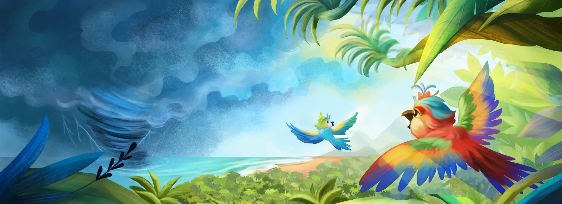 Wide tropical banner with a large colorful macaw flying on the right and a smaller blue and yellow parrot in the center, above a jungle coastline with the ocean and stormy clouds on the left