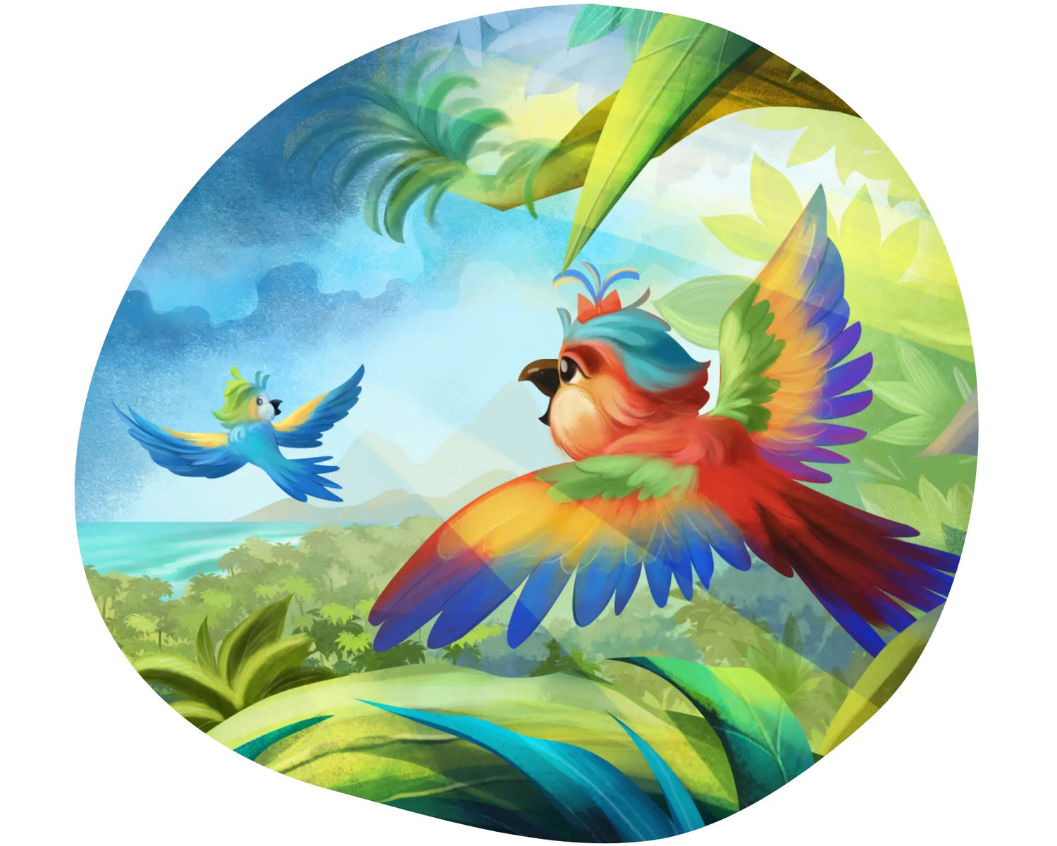 Colorful parrot illustration in a tropical setting with another parrot and palm leaves.