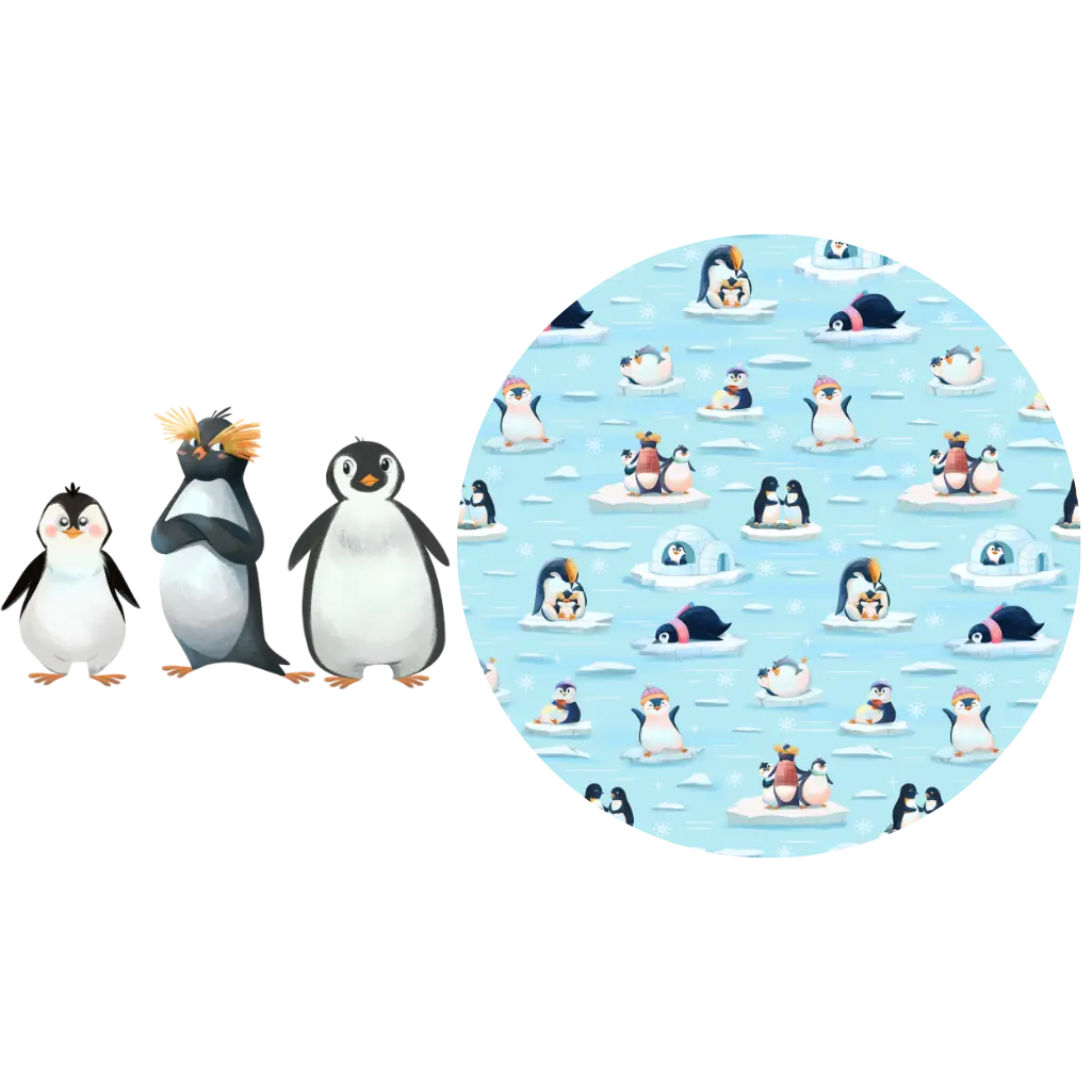 Illustration of three penguins beside a round swatch of a light blue print with penguins playing on ice floes.