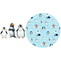 Illustration of three penguins beside a round swatch of a light blue print with penguins playing on ice floes.