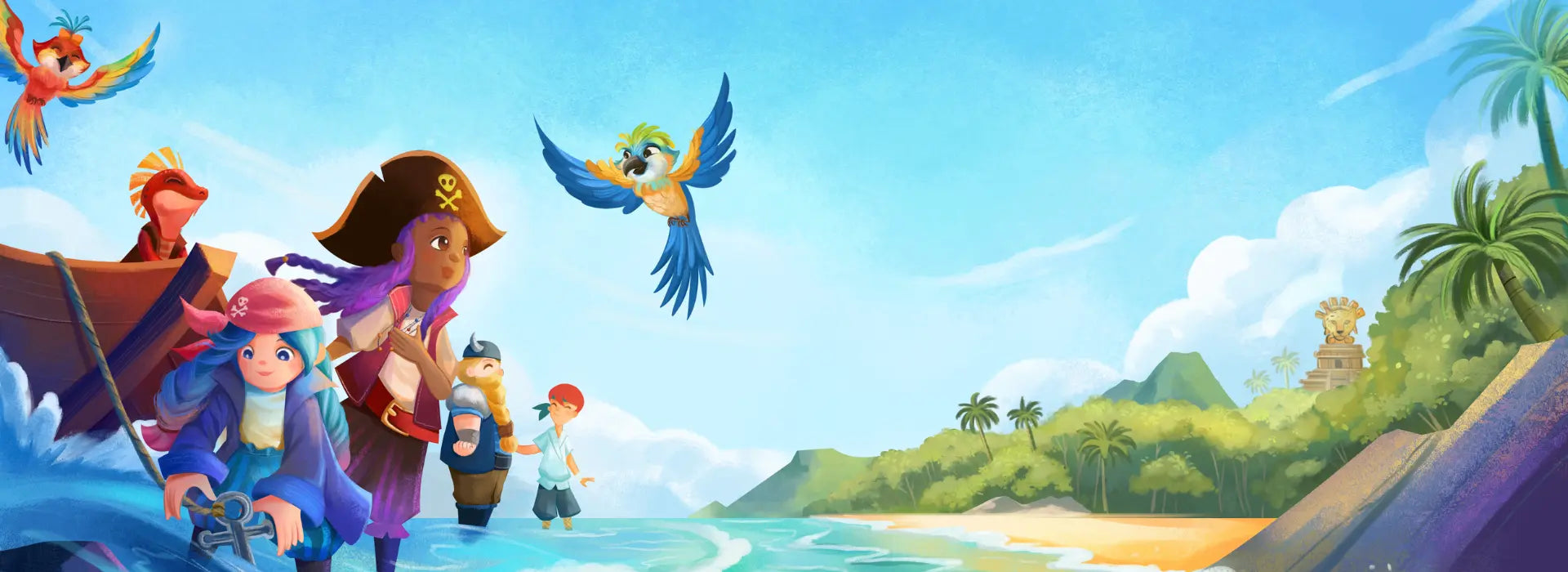 Wide bright tropical island banner with a group of cartoon pirate characters and a red iguana standing on the shore near a boat on the left, colorful parrots flying overhead, palm trees, a green mountain, and a temple ruin on the right