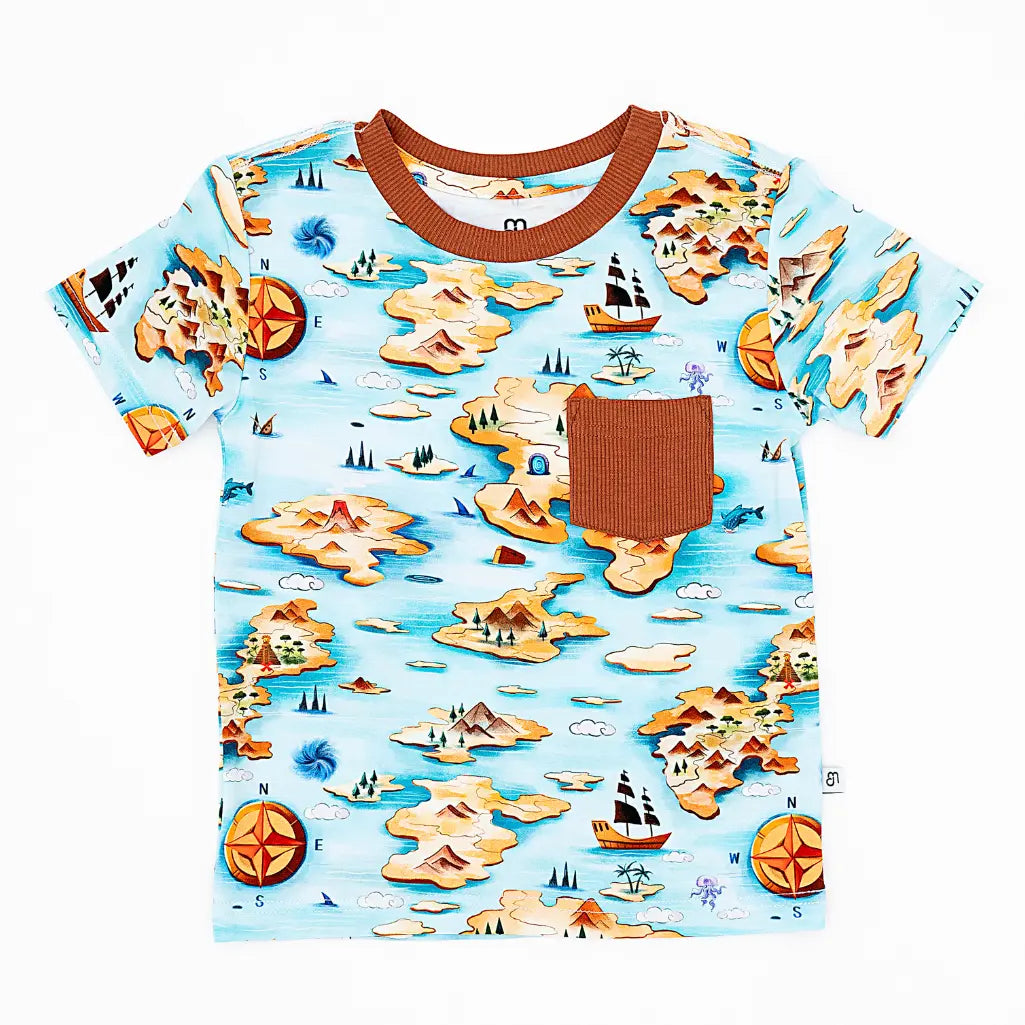 Children's t-shirt with a map and ship design on a white background