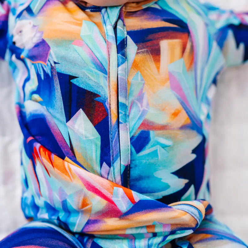 Colorful abstract patterned jacket with a blurred background