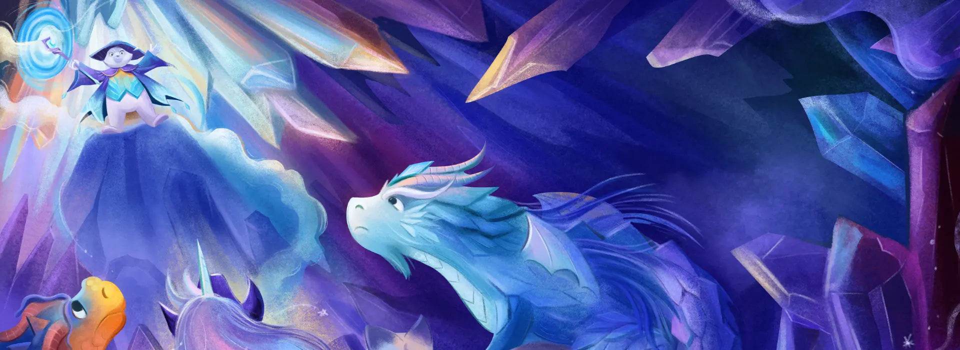 Fantasy scene with a dragon-like creature and crystals in a dark, mystical setting