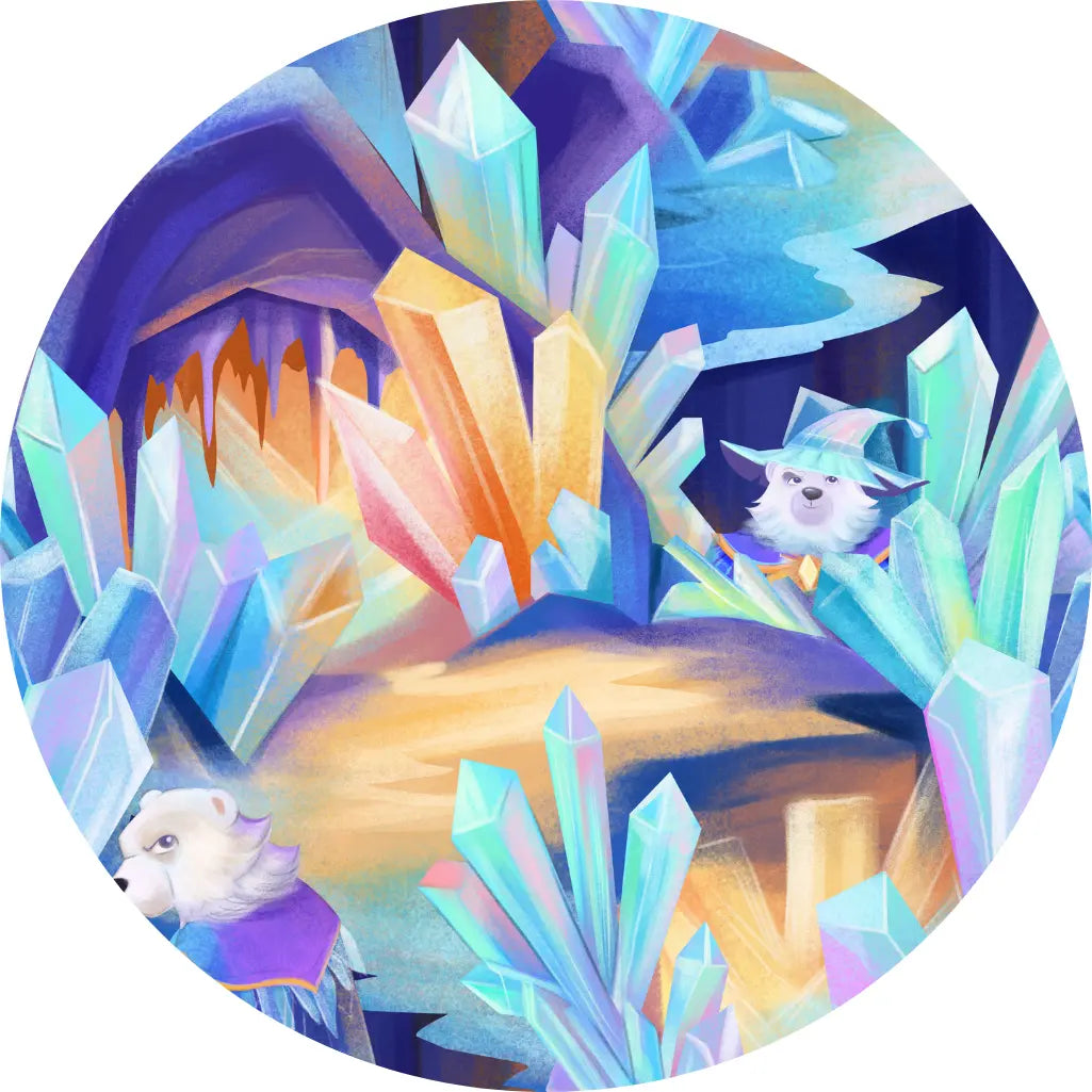 Colorful crystal cave with two cartoon characters inside a circular frame