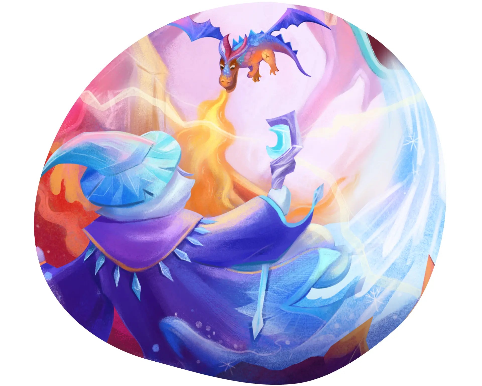Colorful dragon illustration on a round background