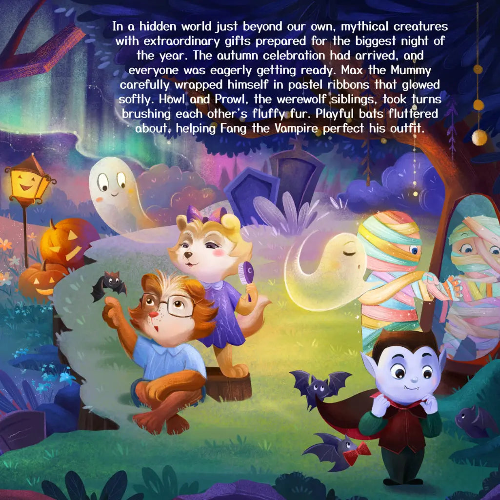 Illustration of Halloween-themed characters in a forest with a story text overlay.