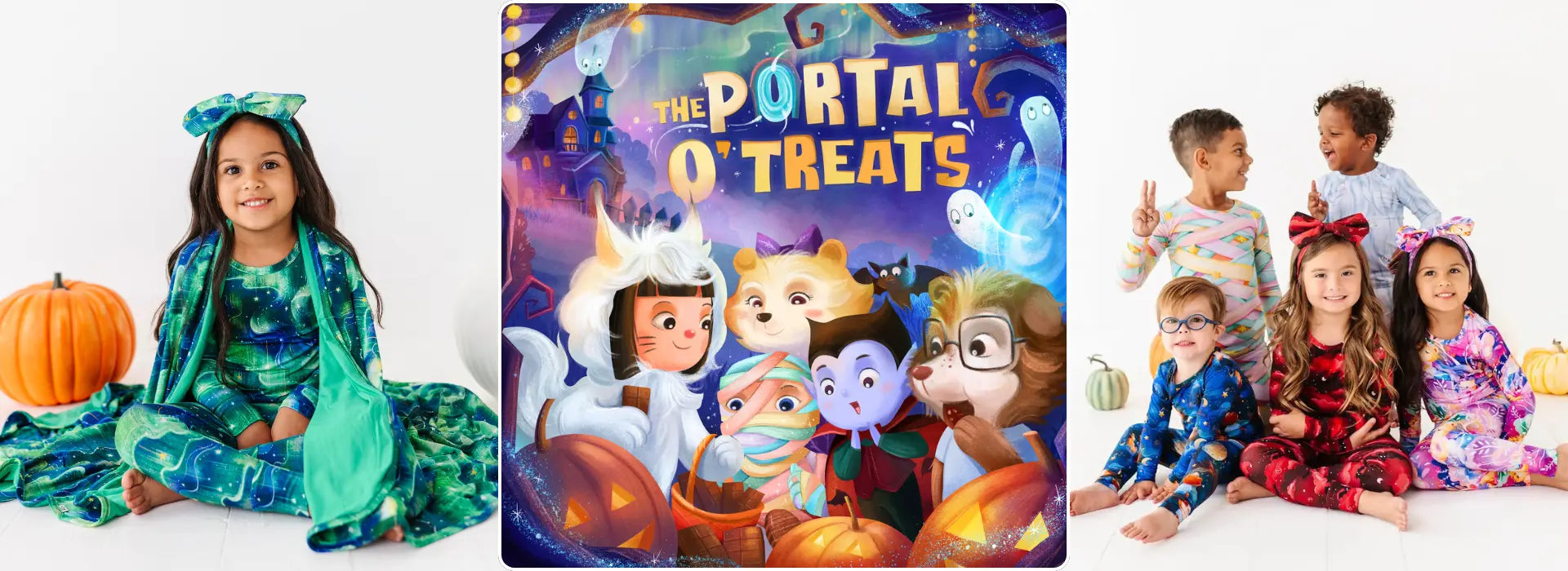 Three-panel Halloween banner showing a girl in green pajamas beside a pumpkin, the cover of 'The Portal O'Treats' book, and five children in Halloween-themed pajamas with pumpkins