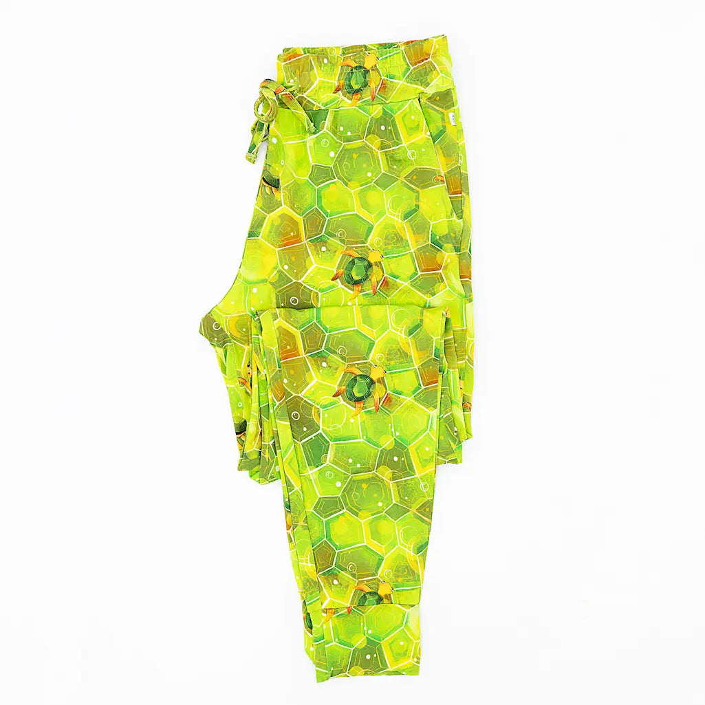 A pair of men's pajama pants with a geometric green shell pattern and hexagonal turtles.