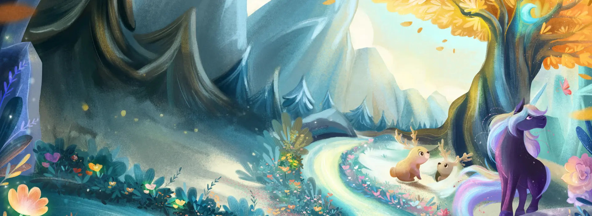 Fantasy scene with a unicorn, fox, and bear in a magical forest.