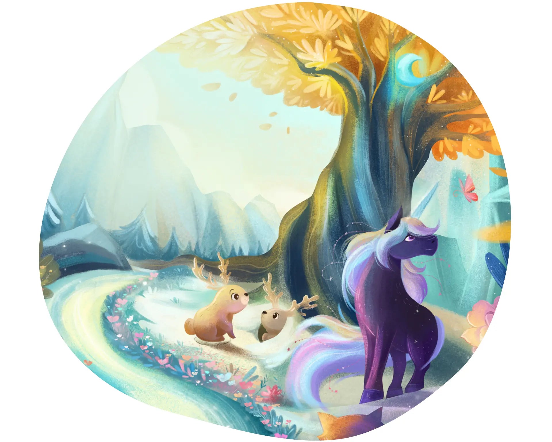 Fantasy scene with a unicorn, deer, and bear in a magical forest.