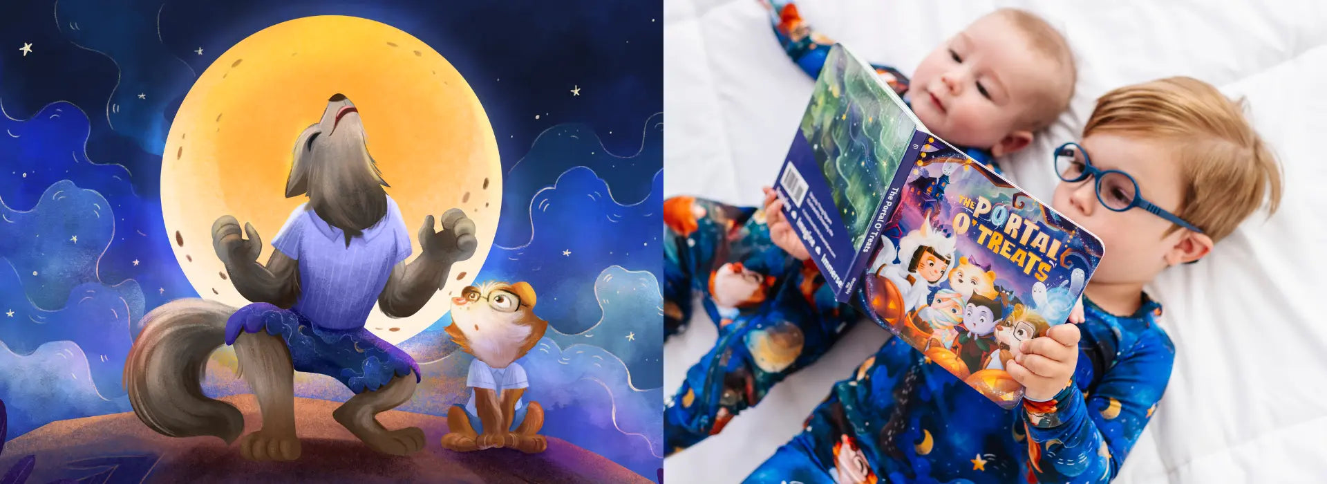 Cartoon character on a moon with a child holding a 'Portals to Planet' book.