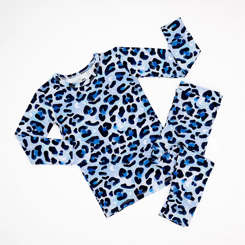 Blue and black leopard print long-sleeve top and leggings set on a white background