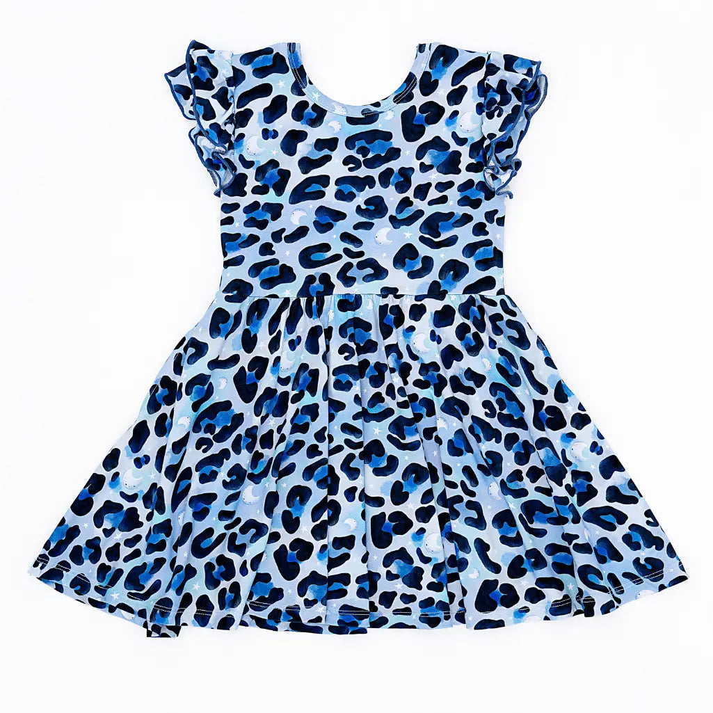Blue and black leopard print dress on a white background
