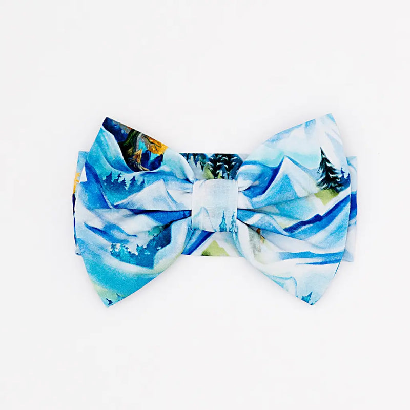 Blue and white patterned bow tie on a white background