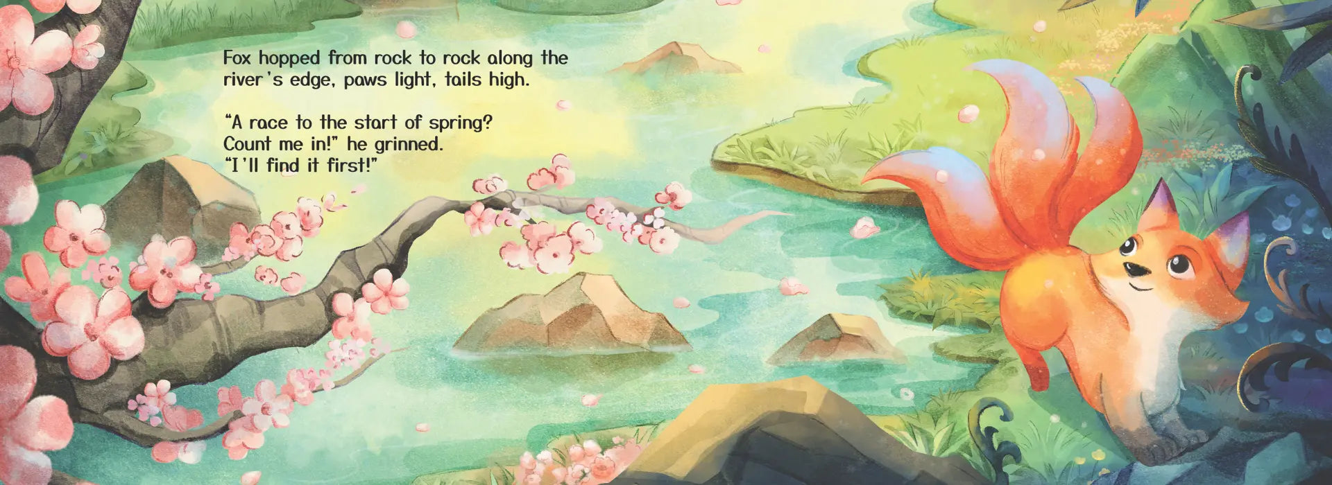 Illustration of a fox character in a fantasy landscape with flowers and text.